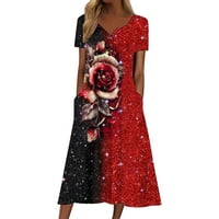 Mgohoen ženske ljetne cvjetne ispise kratke ruhove haljine V izrez visok struk midi haljina s džepovima crvena xxl