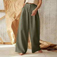 Fartey Womens Pamučne posteljine široke pantalone za noge Lounge Solid Color pantalone džepovi Elastični
