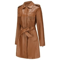 TOQOT FAU kožna jakna - dugi stil pada casual patentni patentni patentni jakne za žene smeđe veličine
