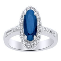 Ovalni rez simulirani plavi safir i bijeli prirodni dijamantski halo prsten u 10k bijelo zlatno prsten veličine-11