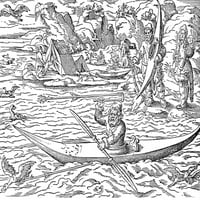 Eskimosovi lov, 1580. Neskimos Lov morske ptice. NwoodCut, njemački, 1580. Poster Print by