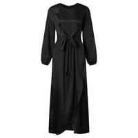 PXIAKGY haljina za žene modni casual čvrsta boja O izrez dugih rukava saten mekani struk i odjeću crna