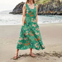 Cuoff Žensko ljetno casual modni cvijet od tiskanog džepnog haljina bez rukava zelena 3xl
