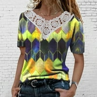 HHEI_K Ženski modni okrugli vrat kratkih rukava Ispiši labave majice bluze za bluze za žene za žene