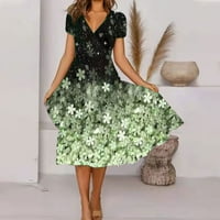 Bicoasu Ženska ljetna casual moda cvjetna print kratkih rukava V-izrez Swing haljina MINT Green XL