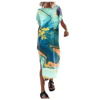 Ženske haljine kratki rukav maxi modni modni a-line ispisani okrugli dekolte za ljetnu haljinu Sky Blue