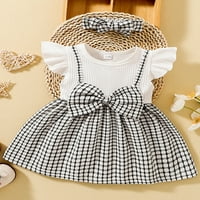 Toddler Baby Girl Outfits Ljetni ruffles Plaid plairana haljina za bojk + trake za glavu