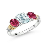 Gem Stone King 2. CT Sky Blue Aquamarine Pink Tourmaline Srebrni i 10K žuti zlatni dijamantni prsten