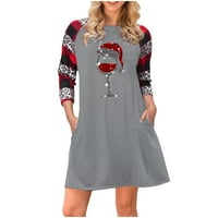 Gotyou Žene Božićni print Dugih rukava Tuničke haljine Džebovi plus veličina majica Dress Grey L