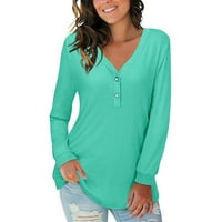 Ženska puna boja V-izrez s uzročno-dugim rukavima bluza labava majica ženske majice zelena