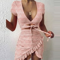 Haljine za žene plus veličine ženke V-izrez kratkih rukava kratki cvjetni ljetni peplum casual haljine ružičaste l
