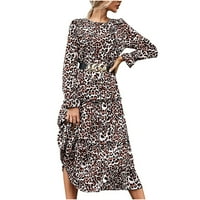 Ženska haljina moda casual tiskani okrugli vrat Leopard Print Ruffled dugih rukava Radne odjeće Bež