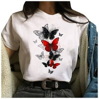 Ženske vrhove Moda Žene Ležerne prilike sa labavim bijelim majicama Butterfly Ispis kratkih rukava Crni