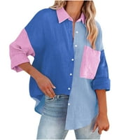 Ženska boja blok bluza na vrhu gumba spuštena ramena dugih rukava majica Ležerna majica sa džepom