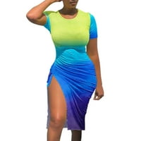Qazqa Ženski kratki rukav Summer Ruched Bodycon Mini haljina bočne vučne kockice casual haljine plavi
