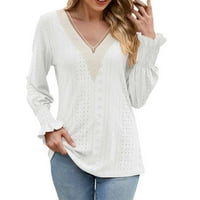 Hanzidakd ženske majice jesen i zimski dugi rukav V-izrez čipke s punim košuljem bijeli l