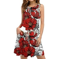 Ljetne haljine za žene cvjetni print a-line boho casual mini haljina bez rukava okrugli vrat koljena