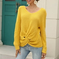 Ženska V izrez kabela pletena džemper dugi rukavi prevelicirani džemperi Pulover Jumper Yellow l