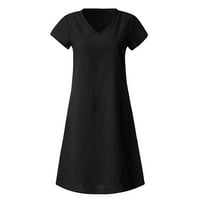 ECHFIPROM Womenske tanke haljine dame Ljeto u boji pamučne posteljine kratkih rukava V-izrez plus veličina srednje-telesne haljine