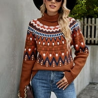 Duks pulover za žene, ženska modna casual retro boja kontrastni ispis pletenja dugih rukava turtleneck