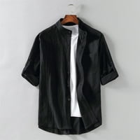 FSQJGQ pamučne majice za muškarce Čvrsta boja kratki rukav casual gumb dolje majice Bluza Cardigan crna