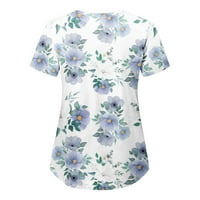 Ženske vrhove kratkih rukava ženski bluza na platnu odjeću cvjetna moda V-izrez ljetna tunika plava