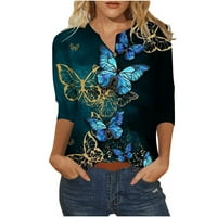 Drindf rukavice za žene za žene casual gumb V izrez tunika vrhovi ljetni leptir Ispis T-majice Dressy radna bluza Tee
