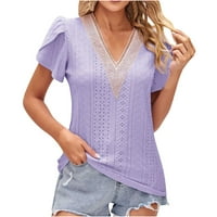 Žene ljetne vrhove Trendi casual puff rukav V izrez Tunika bluza Slatka čipkaste majice kratkih rukava