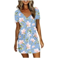 Haljine za žene Modni ljetni V-izrez kratki rukav mini cvjetni a-linijski haljina za odmor crtež plavi