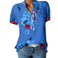 Gaecuw Slatke prevelike majice za žene Bluze s kratkim rukavima Torbe Redovni fit pulover TEES T-majice Cvjetni vrhovi ispisa V izrez Bluuses Gumb Up Dugme Down Dugme Down Dugmes Down Dugme