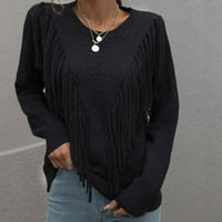 WHLBF Plus Veličine džemperi za žene, ženske modne duge rukave Tassel Crew vrat labavi čvrsti boja bluza