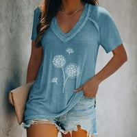 Ženska moda V-izrez maslačak Print Pulover casual majica s kratkim rukavima za žene plave s