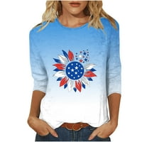 Odeerbi 4. jula Patriotska košulja za trake za žene šivanje kontrastne boje tri četvrtina rukava bluza moda casual okrugla vrata majica plave boje