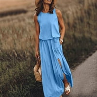 Haljine za žene okrugli izrez Casual Solid Dužina gležnja A-Line Summer haljina bez rukava Plava M