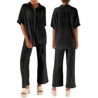 Carolilly ženska ležerna odjeća od lanene posteljine, kratki rukav plairan lapel majica + ravne hlače