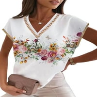 Dame Ljetne vrhove Majica s kratkim rukavima Cvjetni print majica Labavi tunik Bluza za odmor Tee White XL