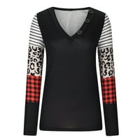 HFYIHGF Ženska boja Blok Leopard Print Tunic Tops Plus size Dugi rukav V-izrez Dugme Dreck Majica Casual