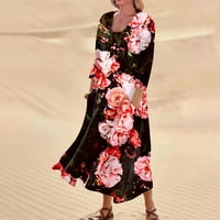 Strungten ženska casual udobnog cvjetnog tiska Tri četvrtine rukava pamučna džepa haljina maxi haljine