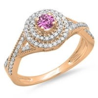 0. Carat 10k Rose Gold Round Cut Pink Sapphire & White Diamond Dame Crossover Swirl Bridal Halo Angagement Rin
