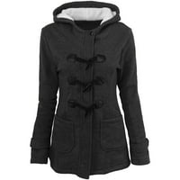 Dyfzdhu Ženski modni gumb za rog zgušnjava kaput sa zimskom jaknom za kapuljaču