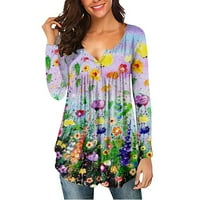 HFYIHGF ženske cvjetne tunike na vrhu pada dugih rukava Henley V tasteri u majici casual bluza