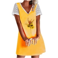 FINELYLOVE CAMI haljina za žene pastelne haljine za žene V-izrez otisnuta kratkim rukavima sunčana haljina žuta