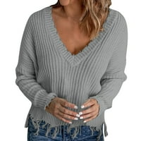 Ženski džemper od pulover Loose l V vrat pulover HEM Fringe Solid Color Pleted džemper