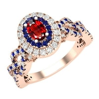 DazzlingRock kolekcija 6x ovalni granet sa okruglim plavim safirom i bijelim dijamantima isprepletenim dvostrukim halo vjenčanim prstenom za žene u 14K ružičastog zlata, veličine 8.5