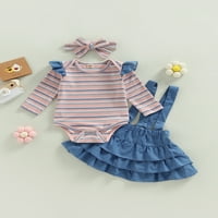 Coduop Toddler Baby Girls Fall Outfits Dugi rukav Striped Ramper + sukmenska suknja + Postavi za glavu