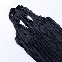 Žene Ljeto Loose Wrap Midi haljina Crew vrat Tanka kaiševa haljina od pune boje rušena haljina crna