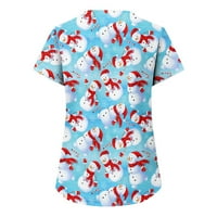 Ženski bluze Ženski božićni tisak kratkih rukava V-izrez na vrhu Radni džep bluza Blue XXL