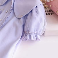 Rovga casual haljine za djevojčice luk ruffle trim okrugli vrat puff rukav flared line haljine za rođendanske