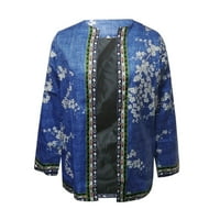 Kardigan za ženske okrugle vrat tiskane džep labavo tanka jakna s dugim rukavima kardigan ženski kardigan plavi + xxl