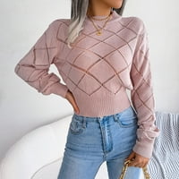 Entyinea Womens Dukseteri posada vrata pulover Lagana pletena džemper bluza ružičasta L